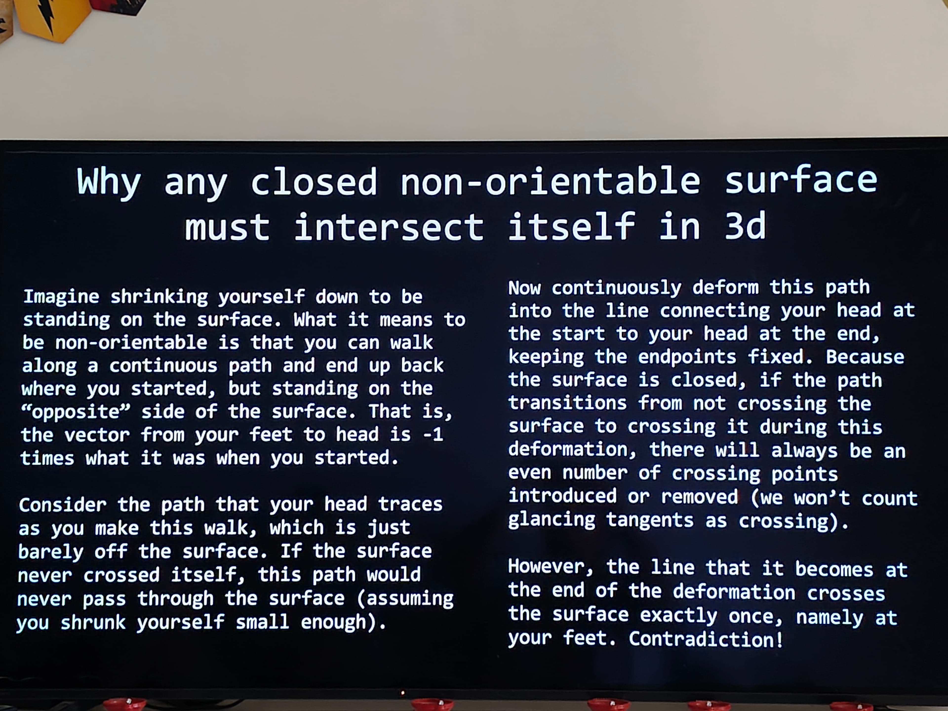 Proving why non-orientable surfaces must self-intersect in 3D. Topology is beautiful.